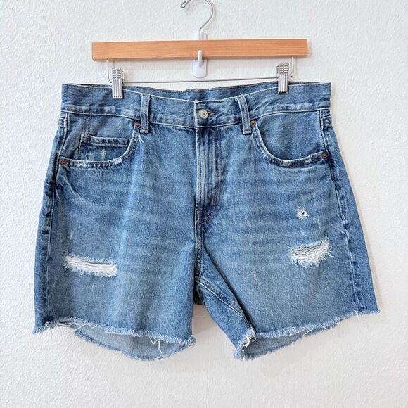Old Navy Women's 12 Blue Distressed High Rise Slouchy Straight Cut Off Shorts - Picture 1 of 7